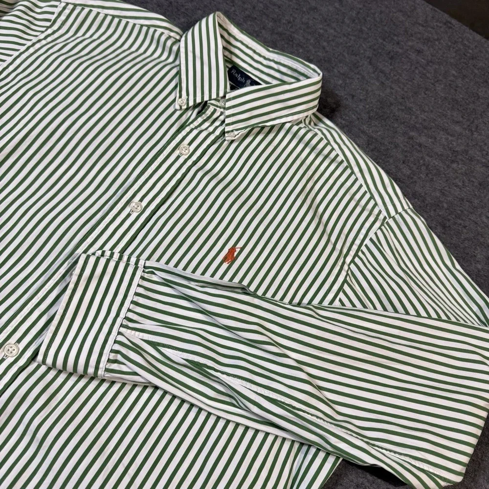 VTG Polo Ralph Lauren Classic Fit Shirt Men's L Green Striped Orange Pony 90s